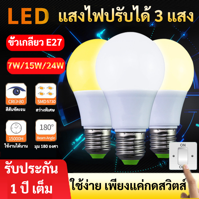 ซื้อ 5 ชิ้น ลด 25.- หลอดไฟ LED 3IN1 ปรับได้ 3 แสง ขั้ว E27 ขนาด 9W 24W 95-220V Day Light / Warm White / Cool White $$$