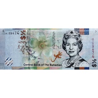 แบงก์​บาฮามาส​ Bahamas, 1/2 Dollar, (Elizabeth​ II), ไม่​ผ่าน​ใช้​ UNC, B781T