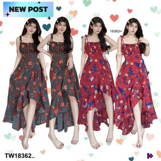 ME18362  Dress 2 in 1 ผูกไหล่ &amp; ผูกคอ เดรสลายดอก หน้าสั้นหลังยางแวกหน้า งานผ้าไหมอิตาลีผ้าพริ้ว เพิ่มความคิ้ว กระโปรงเย็