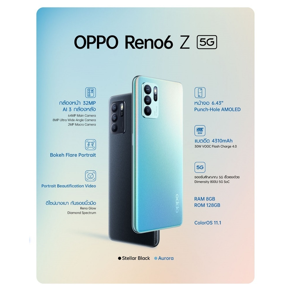 OPPO Reno6 Z 5G  RAM 8GB/ROM 128GB สมาร์ทโฟน หน้าจอขนาด 6.4 นิ้ว แบตเตอรี่ 4310 mAh