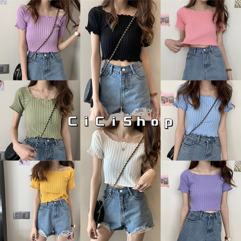 Cicishop🍓พร้อมส่ง🍍เสื้อไหมพรมแขนยาว-ปาดไหล่ใส่ได้สองแบบ(2020-2)