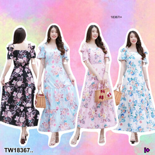 👗Pfashion [ส่งไวมาก🚛] P18367 แม็กซี่เดรสยาว เปิดไหล่ พิมพ์ลายดอกไม้ ..