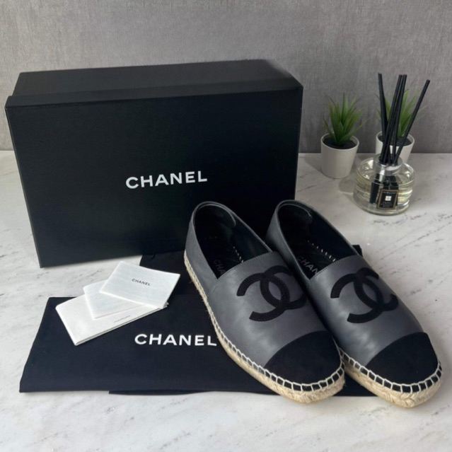 🌟Used Once🌟Chanel Espadrilles Gray/Black Leather size41 y.22⚡️แท้💯% 🔥สด-ผ่อน🔥