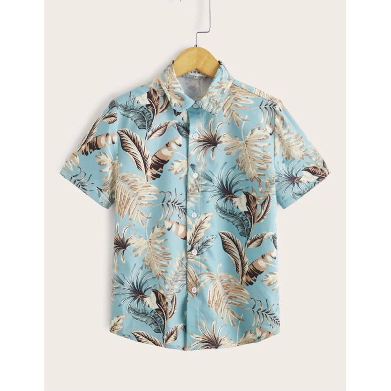 SHEIN เด็กผู้ชาย เสื้อเชิ้ต ภาพพิมพ์รูปบรรยากาศเขตร้อน เสื้อคอปก