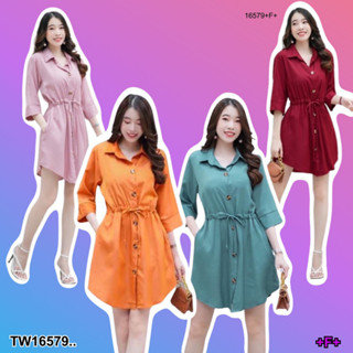 TwinsShopVip💗พร้อมส่ง TW16579 Mini dress ปกเชิ้ตแขน 5 ส่วน โบว์ผูกเอว..