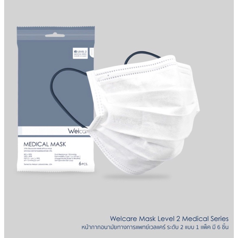 Welcare Mask Level 2 Medical Series หน้ากากอนามัยเวลแคร์ ระดับ 2 แบบ (1 ซอง 6 ชิ้น)