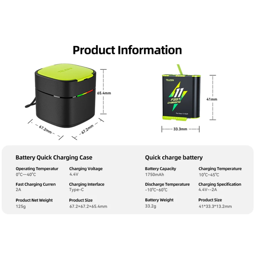 [ FCK-B11 ] Telesin Battery fast charging box พร้อม แบตเตอรี่2ก้อน สำหรับ Gopro 11/10/9