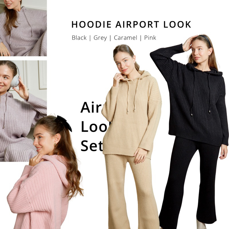 🦖Hoodie Airport look set เสื้อ(มีฮู้ด)+กางเกง ไหมพรมถักละเอียด ผ้าอุ่นหนานุ่มใส่สบายมากก✨💘