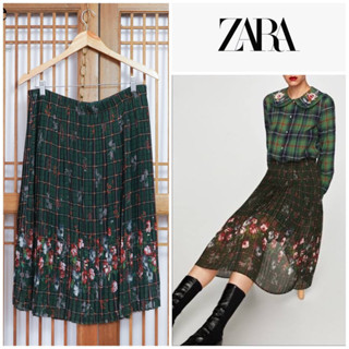 Zara เอว 33-39" กระโปรงพลีท ชีฟอง สีเขียว ลายสก็อต ลายดอกไม้