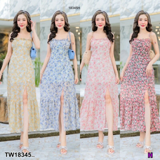 MM18346 เดรสสายเดี่ยว อกจับเกล็ด ลายดอกไม้ .Single strap dress. Catch the scales. Flower pattern..