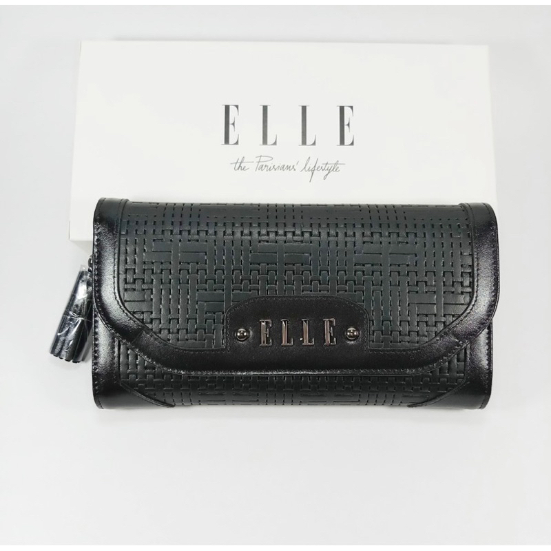 ELLE กระเป๋าสตางค์ผู้หญิงใบยาว สามพับ สีดำ หนังลายสาน หนังแท้ โลโก้รมดำ ของใหม่ ของแท้100%