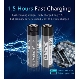 ถ่านชาร์จAA 1.5V 1800mah รุ่นชาร์จผ่านUSB li-ion battery รุ่นใหม่สีเทา