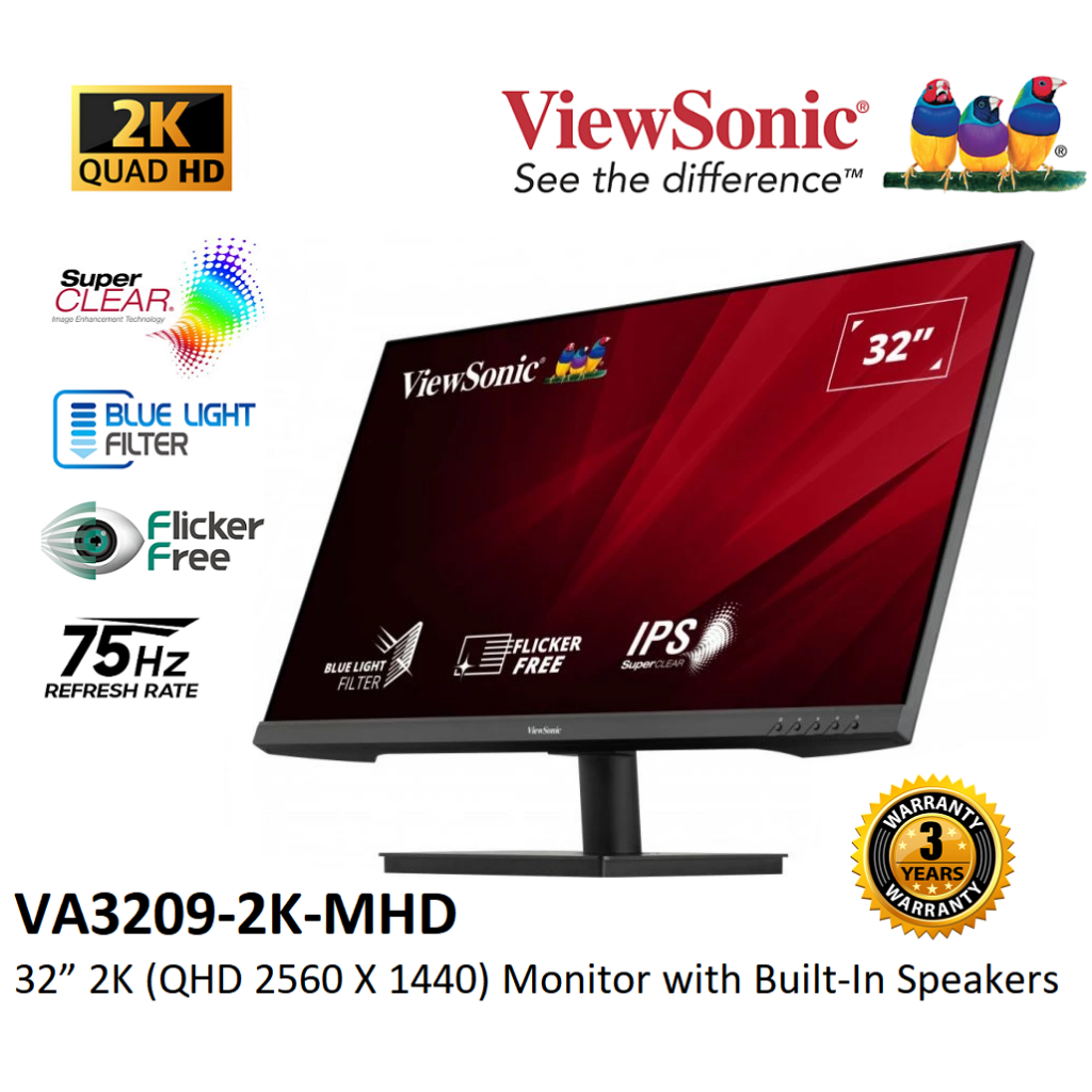 ViewSonic VA3209-2K-MHD 31.5” 2K QHD 75Hz IPS LED Backlit Adaptive Sync Monitor ( Speakers, HDMI, VGA, 3 Yrs Waranty)