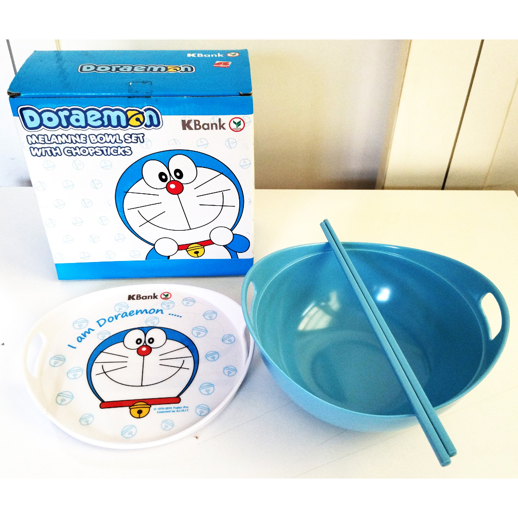 💚💚 KBANK ชุดอาหารเด็ก💚💚 ของพรีเมี่ยม ธนาคารกสิกรไทย🥣 Melamine Bowl Set with Chopsticks Doraemon ( Ex