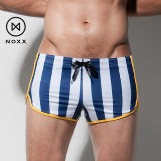 Noxx Swim Shorts: กางเกงว่ายน้ำ ขาสั้น ลายแถบน้ำเงิน ขาว กุ๊นเหลือง