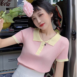 CFY เสื้อครอป ครอปคอปก ผ้ายืด สีทูโทนพาสเทล เสื้อแฟชั่น เสื้อผ้าผู้หญิง by lukmee716