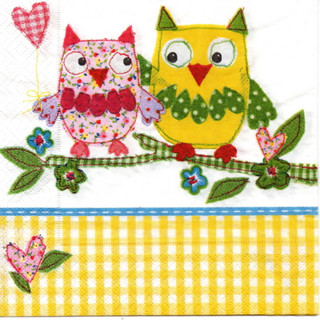 Pladao Napkin ภาพการ์ตูน นกฮูกคู่ Owl Patchwork กระดาษ แนพกิ้น สำหรับงานศิลปะ เดคูพาจ decoupage ขนาด L 33x33