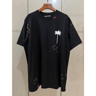 PALM ANGELS PALM TREE PAINTED SPLATTER LOGO PRINT T-SHIRT BLACK เสื้อยืดคอกลมแขนสั้น แบรนด์ปาล์มแองเจิล ต้นปาล์ม สะบัดสี