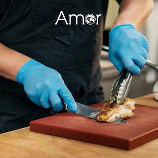 (ยกลัง1000ชิ้น) ถุงมือสำหรับทำอาหารสีดำ/สีฟ้า Amor มาตรฐาน Food Grade ผลิตจากยางไนไตรแท้ 100ชิ้น/กล่อง