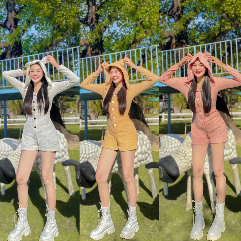 𝑱𝒖𝒎𝒑 𝒔𝒖𝒊𝒕 ◡̈ ⑅ จั๊มสูทหมวกกระต่ายน้อย ผ้าขนแกะ ผ้าไม่หนานะคะ ทรงเข้ารูปพอดีตัว เน้นสัดส่วนสวย