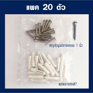 สกรูและพุกเบอร์7 (แพค20,50,100ตัว) น็อต สกรูหัวนูนปลายแหลม #7x1" พุกเบอร์7