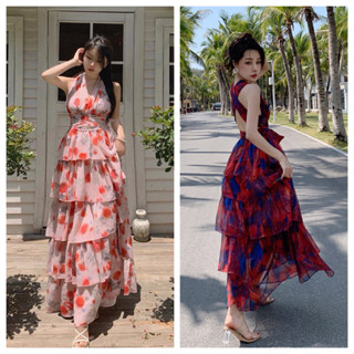 มีไซส์ SML Maxi dress เดรสระบายชั้น สายคล้องคอแต่งไขว้ผูกเอว