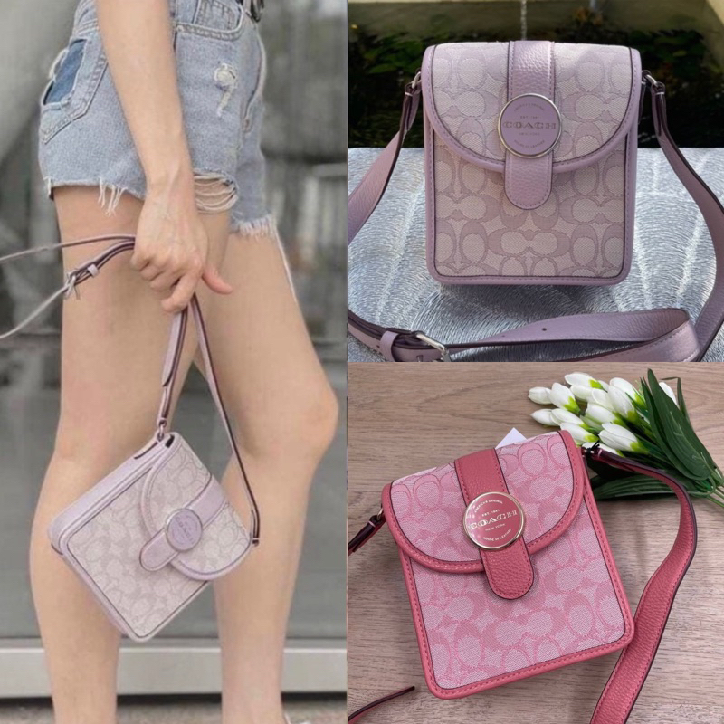 🎀(สด-ผ่อน) กระเป๋าใส่มือถือ สีชมพู สีม่วง C8321 COACH NORTH/SOUTH LONNIE CROSSBODY IN SIGNATURE JACQ