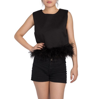 SHU APPAREL FEATHER-TRIM CROPPED TANK TOP #1 - BLACK