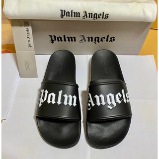 Palm Angels รองเท้าแตะ สีดำ size41 ลายโลโก้ขาว พร้อมถุงผ้า กล่อง slide sandal ปาล์ม แองเจิล แบรนด์street ของแท้