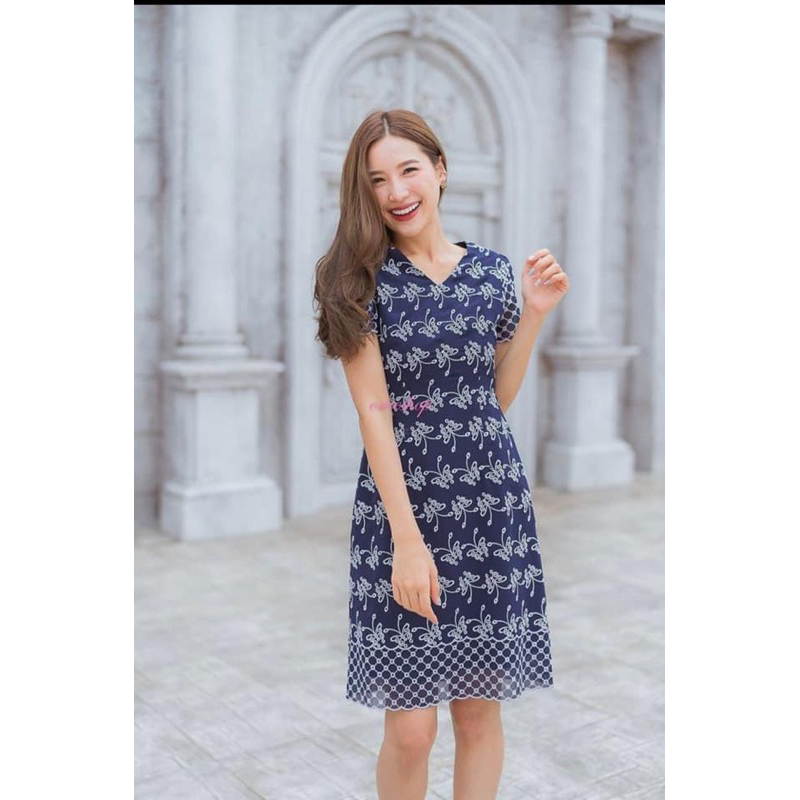 Omeshop เดรสลายปัก ผีเสื้อ สีกรม ไซส์ S