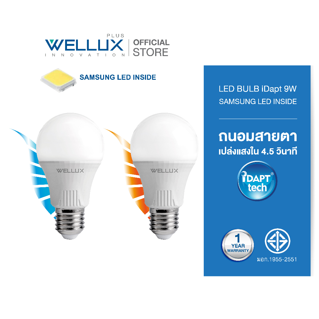 WELLUX หลอดไฟชิปซัมซุงถนอมสายตา 9W ค่อยๆสว่างขึ้น 4.5 วินาที แสงขาว แสงวอร์ม LED IDAPT