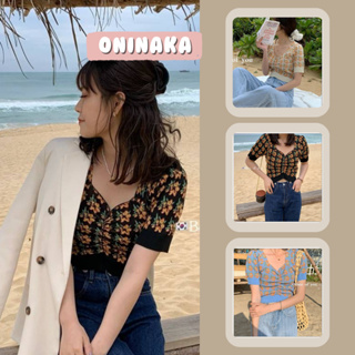 ONINAKA เสื้อครอป เสื้อไหมพรมลายดอกแต่งด้ายหน้า เสื้อครอป เสื้อแฟชั่นผญ 2055#