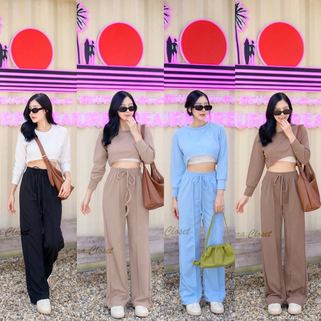 PW504.1 TARA Set เสื้อ+กางเกง เสื้อครอป แขนยาว กางเกงวอร์มทรงสปอร์ต สุดคุ้ม เนื้อผ้าวูลเวฟ ผ้ายืด น้ำหนักเบา ใส่สบาย