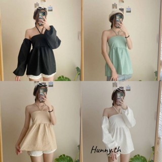 ♡พร้อมส่ง♡ Hunny.th Set 2 ชิ้น เสื้อผูกคอ+แขนต่อ เสื้อผ้า Y2K เสื้อครอป เสื้อยืด เสื้อแฟชั่น เสื้อผ้าผู้หญิง
