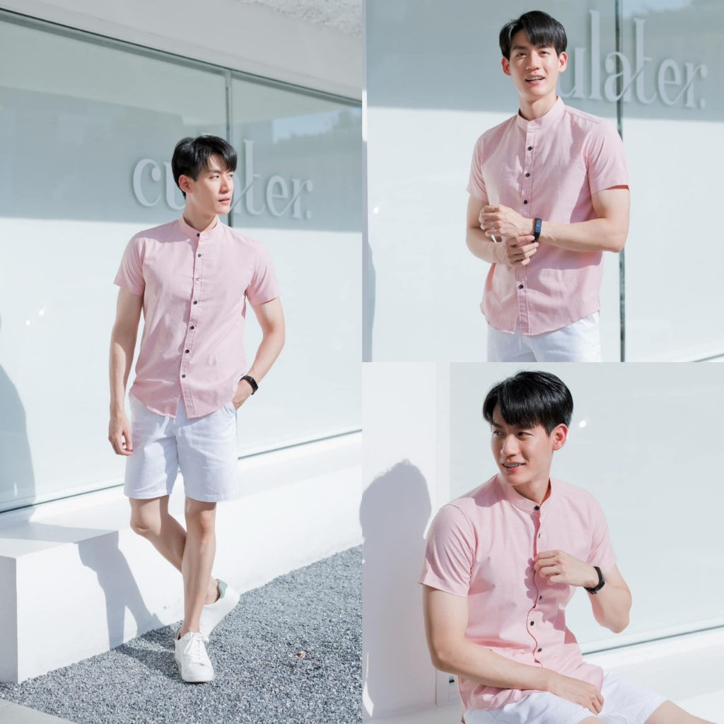 เสื้อเชิ้ตคอจีนแขนสั้น โทนชมพู พีช โอรส รุ่นกระดุมยาว ผ้า OXFORD (ไซต์ S-XXL)