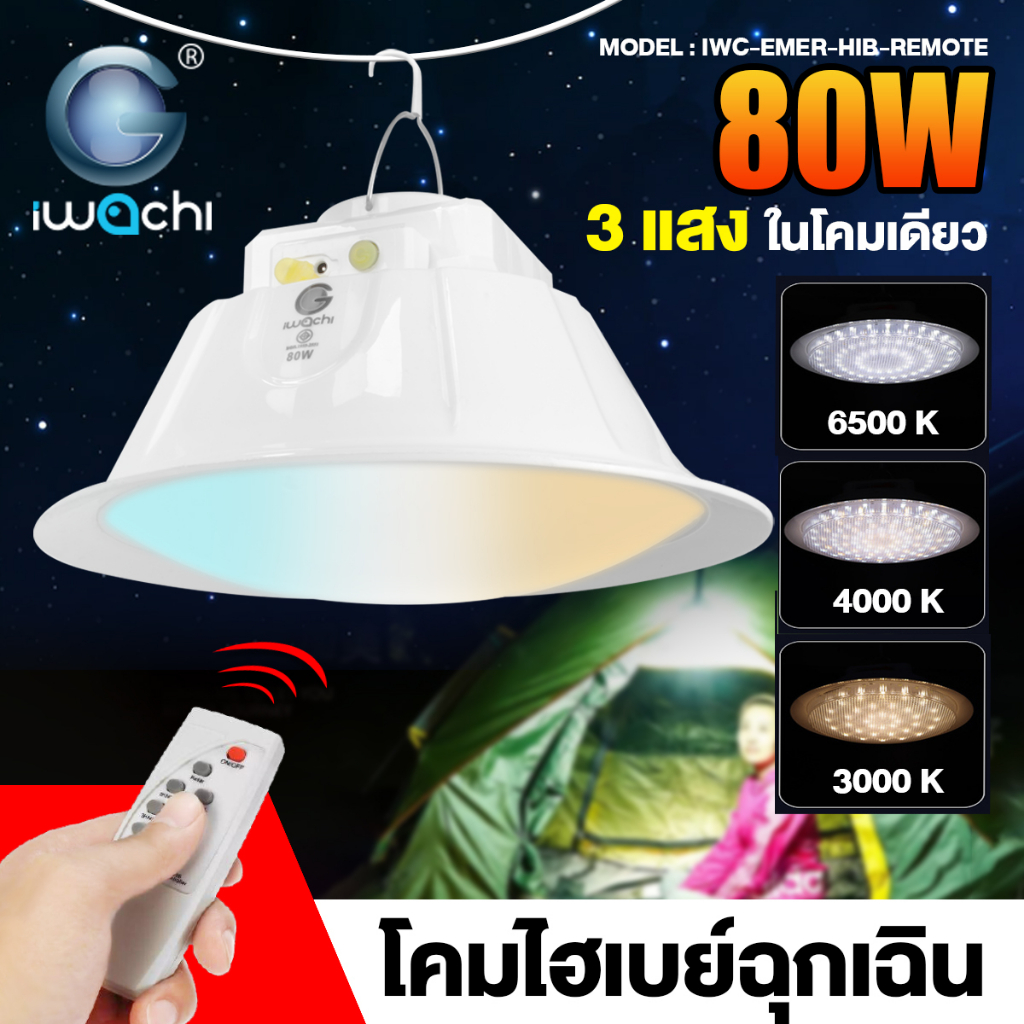 โคมไฮเบย์ฉุกเฉิน รุ่น IWC-EMER-HIB-REMOTE-WH+WW 3แสง พร้อมรีโมท ขนาด 55W / 80W