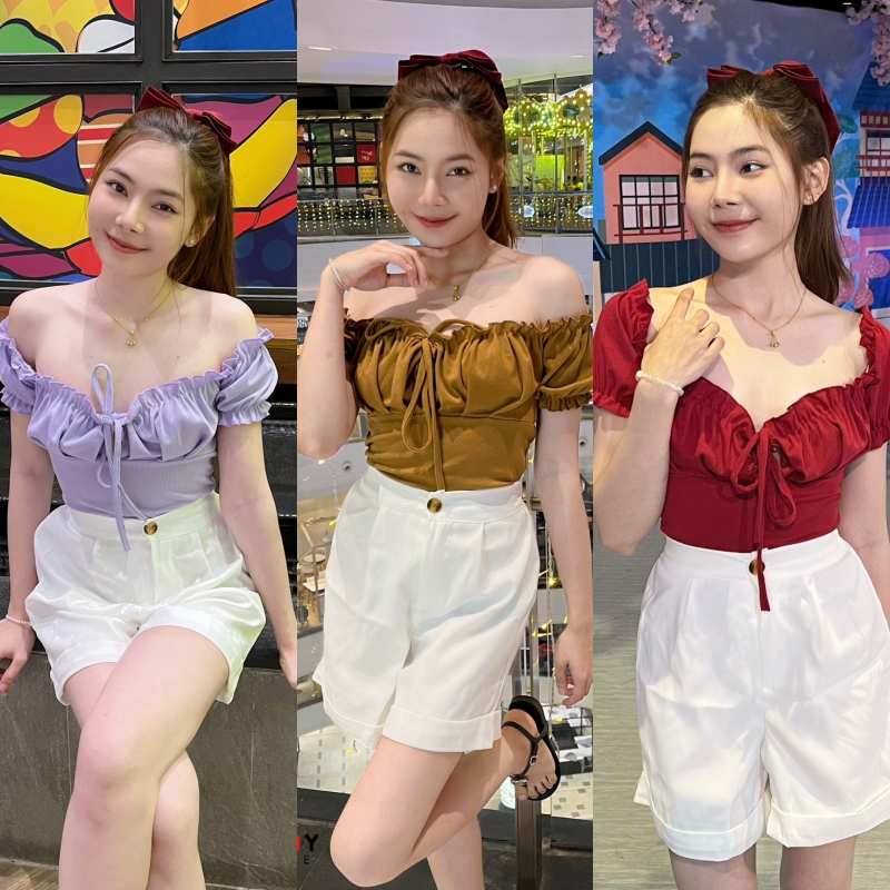 Spinny House เสื้อปาดไหล่ ดีเทลเชือกผูกช่วงอก แขนตุ๊กตา เสื้อเปิดไหล่ รุ่นนี้ผ้าร่องนะคะ รุ่น B02ผ้าร่อง
