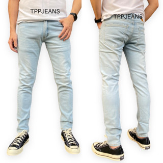 JEANSEXPRESS Mens Skinny กางเกงยีนส์สีบลูฟอกซีดขาว ทรงสกินนี่ยืด สวมใส่สบาย เป้าซิป Size 28-36