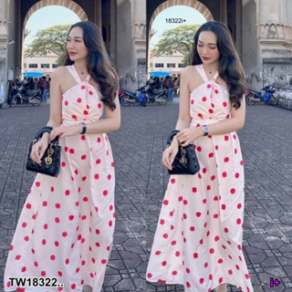 MM18322 Dress เดรสยาว สายคล้องคอ ลายจุด .Dress Long dress, neck strap, polka dot..