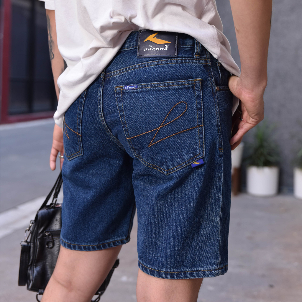 [เกริกฤทธิ์ยีนส์ ]รุ่น K03 สีเข้ม ผ้า 14Oz. กางเกงยีนส์ขาสั้น กางเกงผู้ชาย ขาสั้น แฟชั่นผู้ชาย