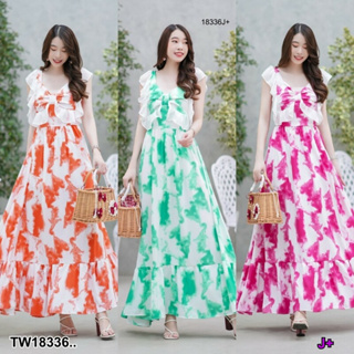 TT18336 เดรสยาว มัดโบว์หลัง พิมพ์ลาย Long dress with a bow at the back, printed pattern..