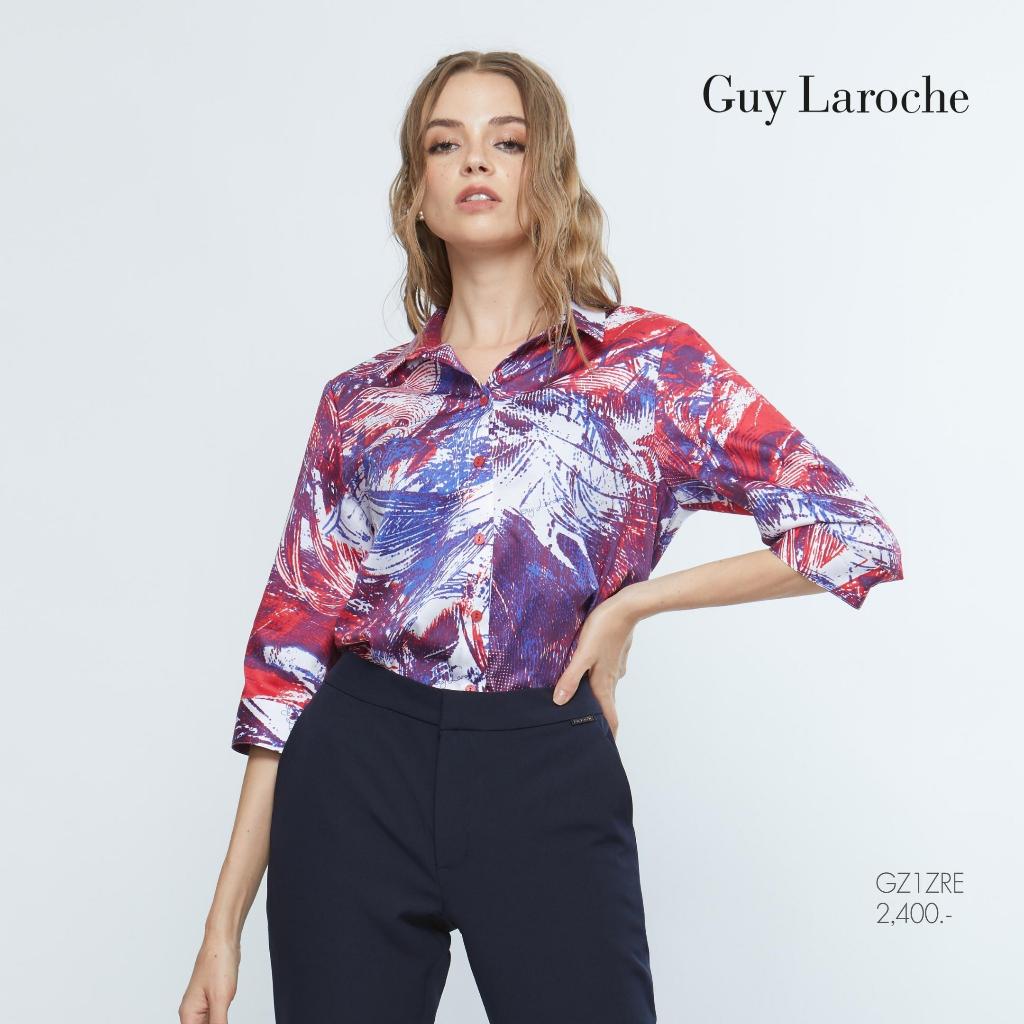 Guy Laroche เสื้อเชิ้ต ผู้หญิง Soft cotton Feather แขนสามส่วน สีแดง (GZ1ZRE)