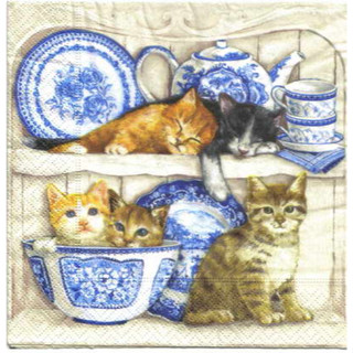 Pladao Napkin ภาพวินเทจ Kitties on Shelf แมวบนชั้นวางจาน กระดาษ แนพกิ้น สำหรับงานศิลปะ เดคูพาจ decoupage ขนาด L 33x33