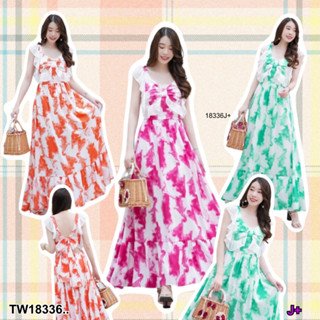 J18336 เดรสยาว มัดโบว์หลัง พิมพ์ลาย Long dress with bow back, printed pattern