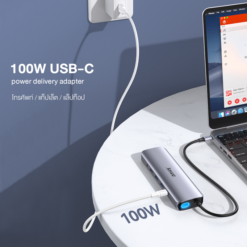 ⚡ส่งจาก กทม⚡Jasoz อะแดปเตอร์ฮับ Type C HUB 8in1 Adabter แท้ Hub USB3.0*3+HDMI+PD100W+SD+TF+RJ45