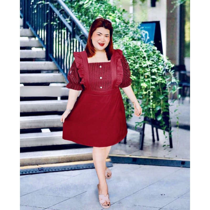 225.R ชุดเดรสสาวอวบ ชุดออกงานสาวอวบ แต่งลูกไม้ระบายข้าง กระดุมมุก - รูปที่ 4