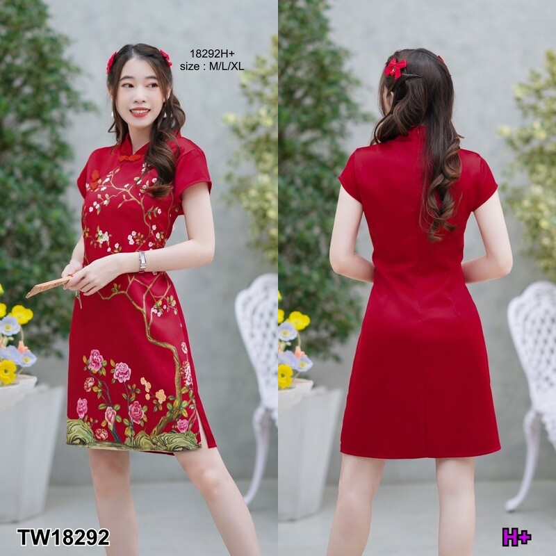 TT18292 เดรสกี่เพ้าแขนล้ำลายดอกกุหลาบ Rose patterned sleeveless mini dress