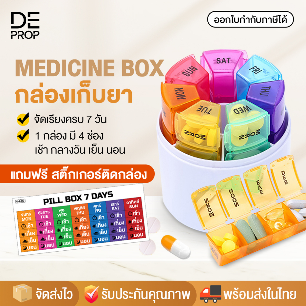 DEPROP กล่องใส่ยา แถมสติ๊กเกอร์ กล่องเก็บยาและวิตามิน ใส่ได้ 7 วัน 4 มื้อ Medicine Pill Vitamin Box - C0080