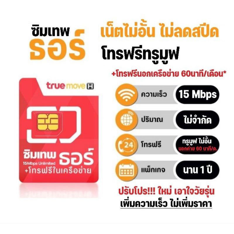ซิมเทพทรู(ธอร์) ความเร็ว15mbpsไม่ลดสปีด ไม่ต้องเติมเงินตลอดปี
