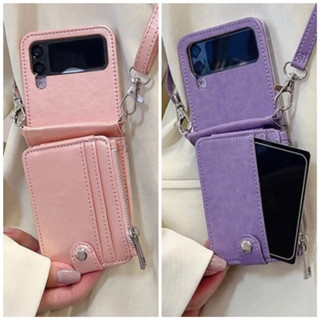 เคสซัมซุงสะพายข้างกระเป๋าตังค์2in1เงาชมพู/ม่วง (Case Samsung Galaxy Z Flip3/4 5G) เคสมือถือ เคสจอพับ เคสสีชมพู เคสสีม่วง
